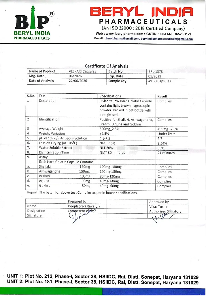 VESKARI Batch BRL-1373 Certificate of Analysis