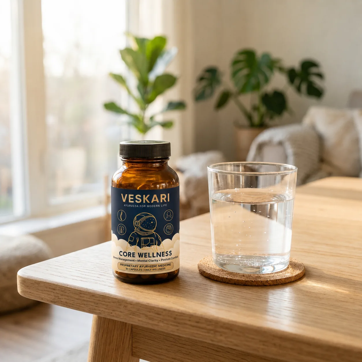 Capsules alongside water glass on a clean wooden desk